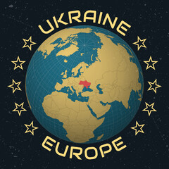 Fototapeta premium Ukraine on Globe. Country name round text. Vintage look with grunge scratched texture. Country view on world map in Sky Blue Light Yellow color palette. Ukraine shape on map.