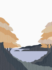 Minimalist abstract landscape featuring a serene scene of big trees framing a view of an ocean filled with lines of muted purple and grey tones