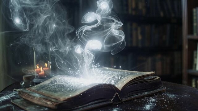 Ancient spellbook with glowing pages releasing magical white smoke in mystical library setting for dark sorcery rituals. Black magic animated scene for the background.