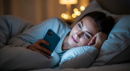 Young woman relaxing comfortably in bed at night, illuminated by the gentle glow of her smartphone screen, connecting with digital content and embracing a moment of personal unwinding before sleep