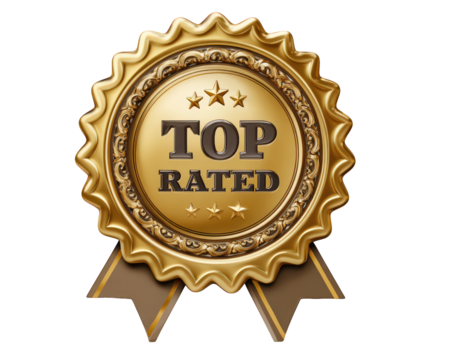 Top rated gold badge with ribbon and sparkles, shiny metallic award symbol for achievement, recognition, excellence, and quality, isolated on transparency background