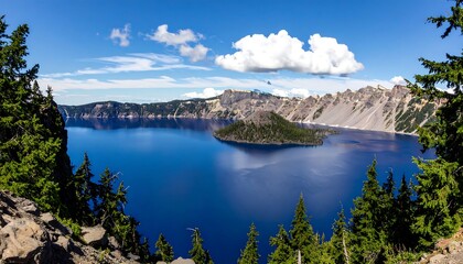 Azure lake with island, mountains, and pine trees!