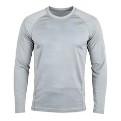 Fototapeta premium A shot displays a light gray long-sleeved athletic shirt, showcasing its textured fabric and design details against a solid black background, capturing the clean aesthetic and the garment's...