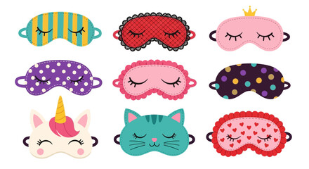 Fototapeta premium A collection of nine colorful and decorative sleep masks, each with a unique design, including stripes, polka dots, animal shapes, and a crown.