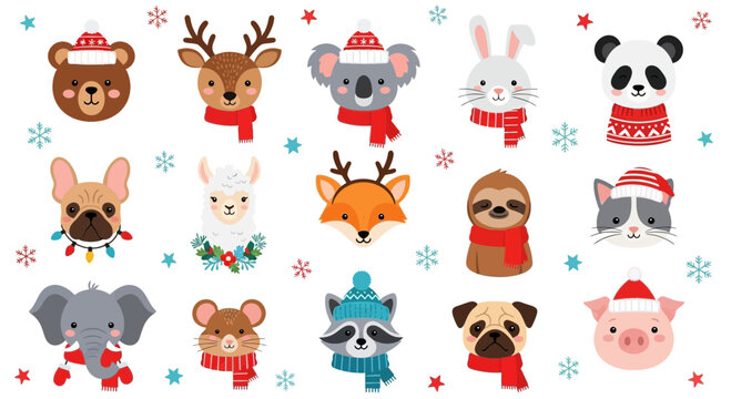 A festive collection of cute cartoon animal faces wearing winter hats and scarves, surrounded by snowflakes.
