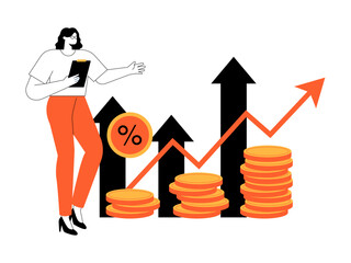 Businesswoman standing up while presenting about an office's growing income. Businesswoman illustration. Flat vector illustration.