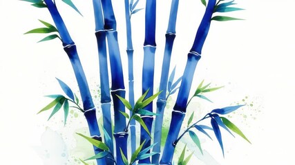 Watercolor painting featuring vibrant blue bamboo stalks with varying shades of green and blue-green leaves on white background with subtle green paint splatters - Powered by Adobe