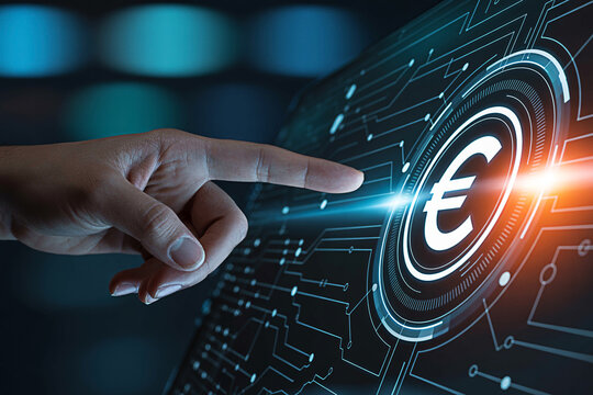 Finger touching euro symbol on digital interface representing financial technology and global economy