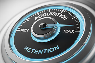 Customer acquisition versus retention gauge showing maximum acquisition in a business strategy