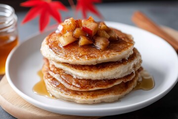 stack of apple cinnamon pancakes with syrup