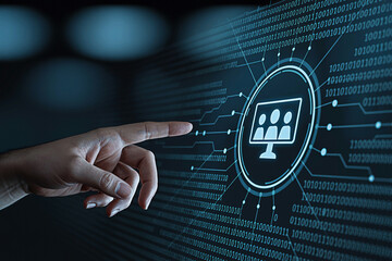 Hand interacting with a digital interface displaying team collaboration and network connectivity