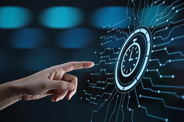 Finger touching a digital clock interface representing time management and technology solutions