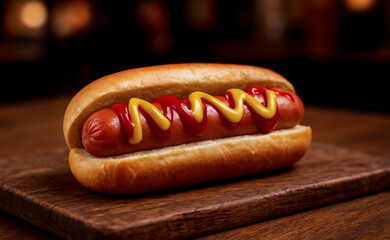 Delicious hot dog topped with yellow mustard and red ketchup served on a rustic wooden board in front of a blurred restaurant background