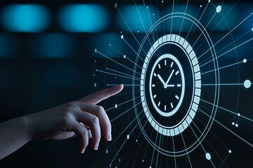 Hand interacting with digital clock interface representing time management and technology concept