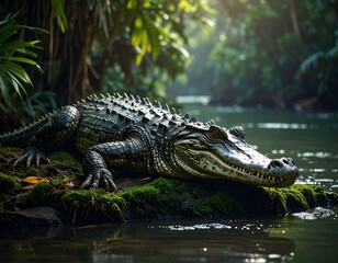 Obraz premium Crocodile Basking in Lush Jungle.
