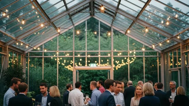 networking event thrives inside stylish glasshouse Professionals mingle holding drinks under warm string lights Lush greenery provides serene backdrop for the social gathering