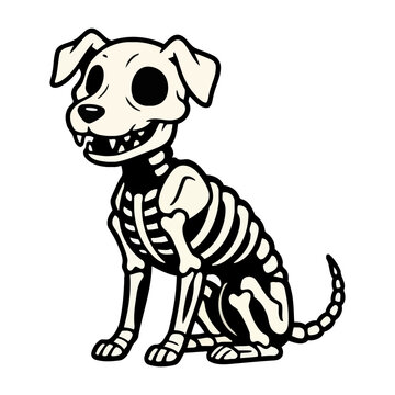 Whimsical cartoon dog skeleton illustration in black and white, perfect for Halloween, spooky pet themes, or festive graphic designs.
