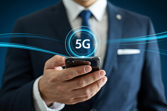 Businessman using 5g network on smartphone showcasing modern technology and communication solutions