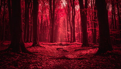 Atmospheric photo of a dark red forest, eerie lighting, and creepy surreal ambiance, evoking fantasy or horror vibes in a moody autumn landscape.
