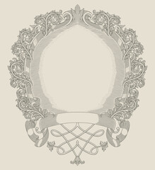 Antique wood frame with floral ornament, vintage engraving drawing style illustration