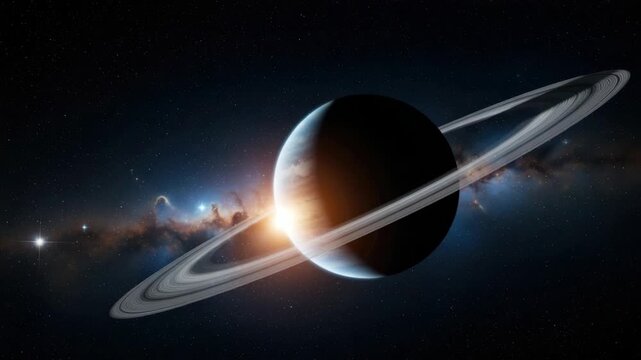 ringed planet glows with partial sunrise its bright rings prominent against deep star-filled cosmic background Distant colorful nebulae and brilliant star punctuate the vastness