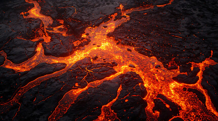 Molten, vibrant orange and red lava bubbling and aggressively spilling over a black surface.
