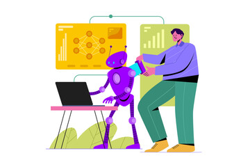 Person and robot interacting with data visualizations on screens