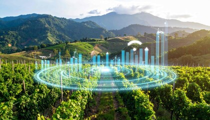 Lush green farmland on a hillside is displayed with a futuristic digital graphic overlay, symbolizing the concept of smart farming, data analysis, and artificial intelligence (AI) for optimal