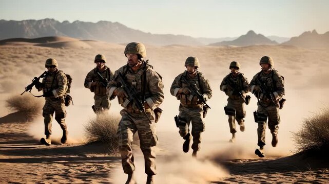 squad of six armed soldiers wearing desert camouflage and helmets run through dusty vast desert landscape They carry rifles kicking up sand with distant mountains and dunes under bright sky