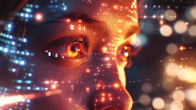 Digital artificial intelligence concept showing a young woman profile merged with circuit board technology and fiery data streams. AGI with eyes discovering the world