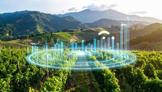 Lush green farmland on a hillside is displayed with a futuristic digital graphic overlay, symbolizing the concept of smart farming, data analysis, and artificial intelligence (AI) for optimal