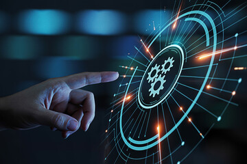 Hand touching digital interface representing automation and machine learning technology