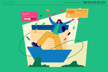 Person celebrating riding on file folders confetti falling