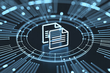 Digital documents icon surrounded by glowing network lines representing data transfer