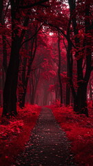 Atmospheric photo of a dark red forest, eerie lighting, and creepy surreal ambiance, evoking fantasy or horror vibes in a moody autumn landscape.