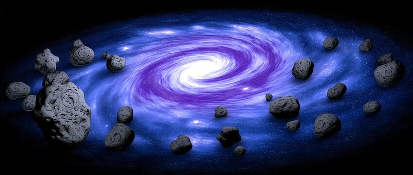 Galactic spiral galaxy with asteroids floating in outer space illustration