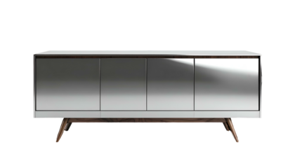 Modern style, four-door sideboard isolated on black background features a bright white surface with wooden legs and detailing, offering a sleek, contemporary design for interior decoration.