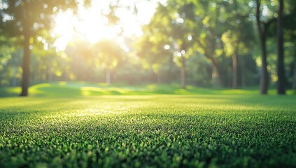 Sunlight on green lawn and trees