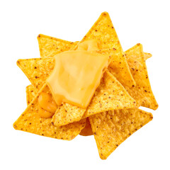 Crunchy, golden-yellow tortilla chips arranged in a pile, covered with creamy, bright orange cheese, creating a tempting and appetizing snack food composition.