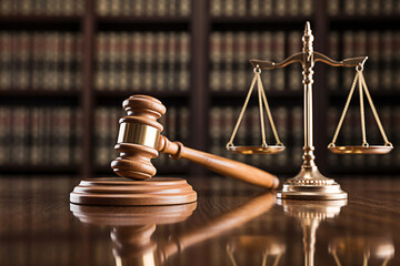 Gavel and scales of justice resting on a polished wooden surface in a law office library setting