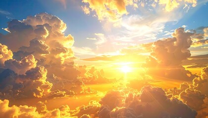 Golden sun shining through fluffy clouds