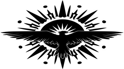 Black Silhouette of a Majestic Bird with Sun and Radiating Spikes