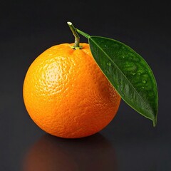 Orange with leaf on reflective surface