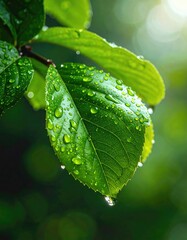 Green leaves with raindrops close-up