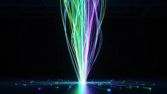Vibrant neon light streams in green blue and purple erupt vertically from glowing source on dark reflective surface Numerous luminous trails spread outwards horizontally futuristic data flow