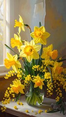 Yellow daffodils and mimosa in a vase