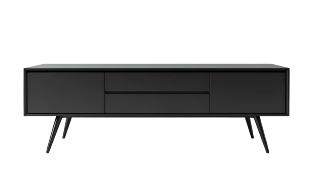 Minimalist, modern entertainment unit in a dark, moody setting, showcasing a sleek design. The low-angle shot highlights the clean lines, dark color palette, and contemporary aesthetic.