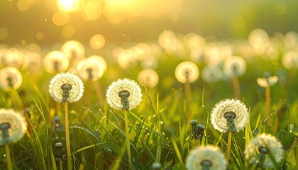 Dandelions glowing in golden sunlight