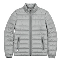 Light grey quilted jacket displayed against a black background showcasing a modern, insulated outerwear piece.