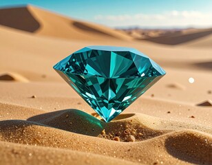 Faceted teal gem on sand dune